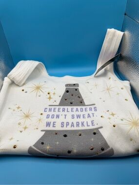 Hand Crafted White Ribbed Tank with Cheer Graphic and Rhinestones